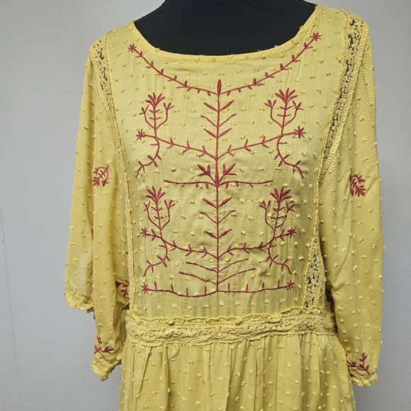 Entro Butter Yellow Red Boho Loose Lined Tunic Midi Dress Embroidered Vacation - Picture 2 of 8